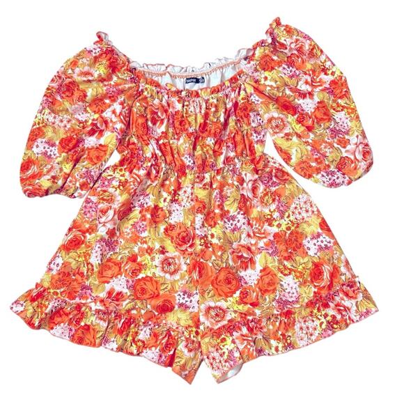 boohoo Romper Womens Size 10 Orange Yellow Ruffled Romantic Ruched Floral Whimsy - Picture 2 of 8
